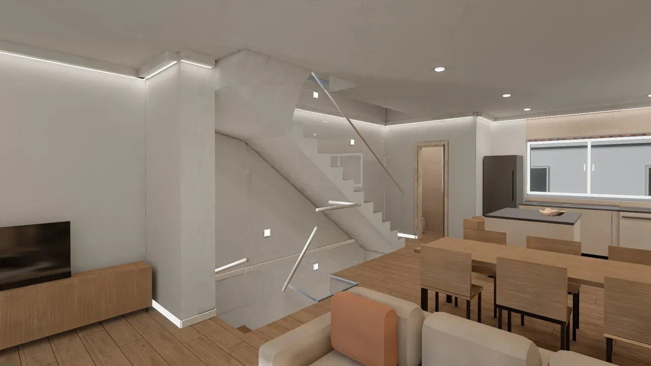 Escalera y salón junto al comedor